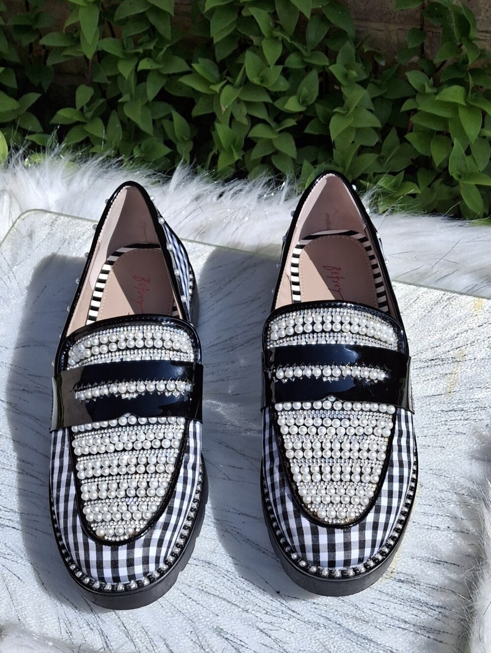 Betsey Johnson Darian Gingham Embellished Loafers Black & White Women Size 7 - Picture 5 of 16
